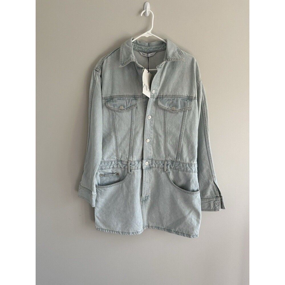 NWT Zara 100% Cotton Denim Jean Dress Jacket Pockets Size Large Light Wash